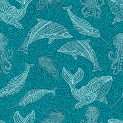 Naklejka premium Whale dolphin octopus narwhal and fish ornamental colorful waves fantasy sea seamless pattern, cyan outline color, isolated on dark blue.