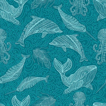 Whale dolphin octopus narwhal and fish ornamental colorful waves fantasy sea seamless pattern, cyan outline color, isolated on dark blue.
