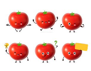 Cute happy tomato vegetable bundle set. Cartoon character illustration design with hand drawing graphic elements. Isolated on white background. Red fresh tomato collection concept