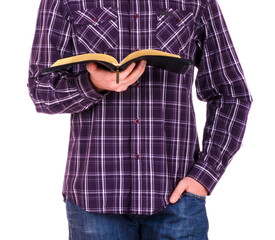 Man holding a Bible, isolated on white background