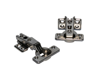 Obraz premium A pair of stainless steel concealed hinges for cabinet doors in a white background