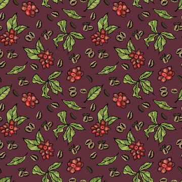 Berries and grains of coffee. Coffee seamless pattern. Design for fabric, textile, packaging, wallpaper.