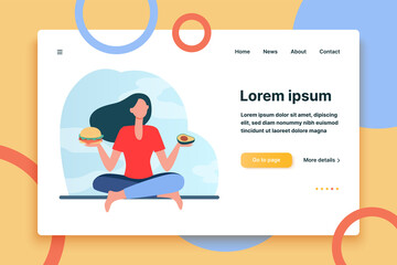 Healthy and junk food choice. Woman choosing between burger and avocado flat vector illustration. Healthy eating, unhealthy habit, diet concept for banner, website design or landing web page