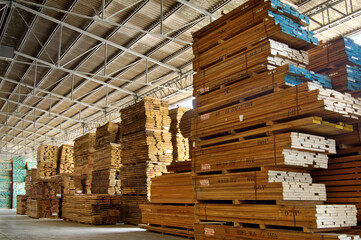 warehouse with various types of timber - obrazy, fototapety, plakaty
