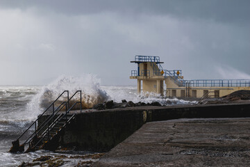 Galway Blackrock diving boards during stormy weather