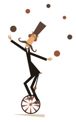 Funny long mustache man in the top hat balances on the unicycle and juggles the balls isolated on white © bigmen
