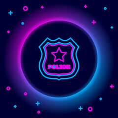 Glowing neon line Police badge icon isolated on black background. Sheriff badge sign. Colorful outline concept. Vector.