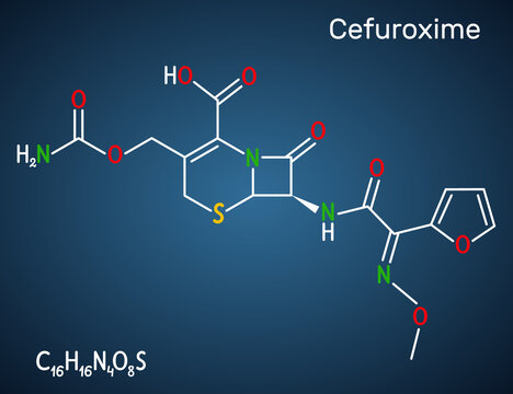 Cefuroxime molecule. It is second-generation cephalosporin antibiotic for the treatment of pneumonia, meningitis, otitis media, sepsis. Dark blue background