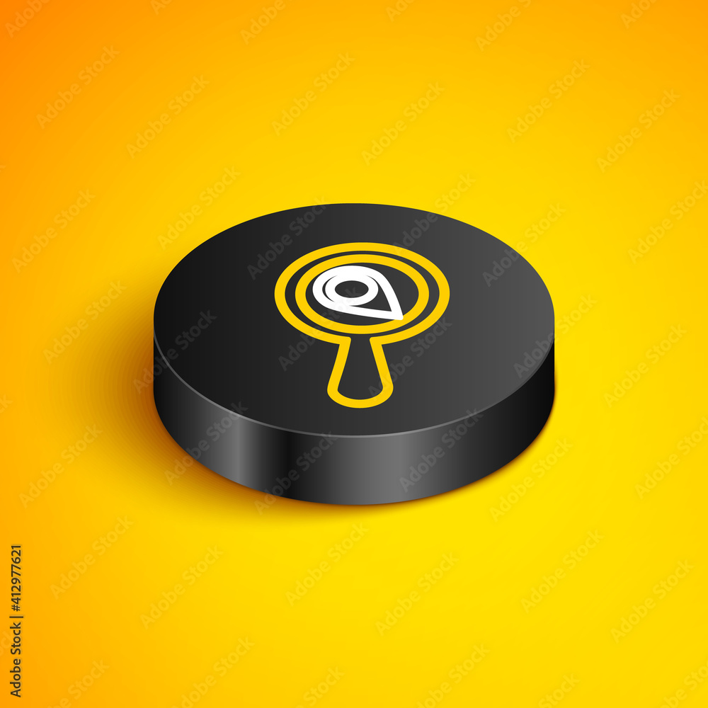 Poster isometric line search location icon isolated on yellow background. magnifying glass with pointer sig