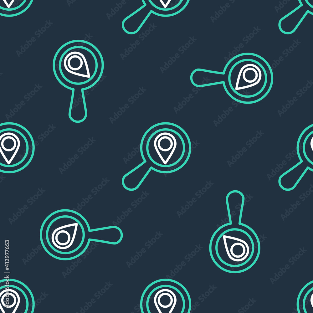 Poster line search location icon isolated seamless pattern on black background. magnifying glass with point