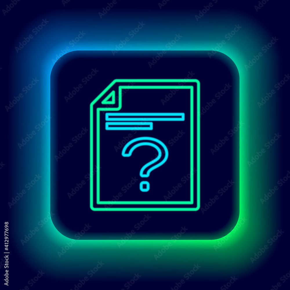Poster glowing neon line unknown document icon isolated on black background. file with question mark. hold 