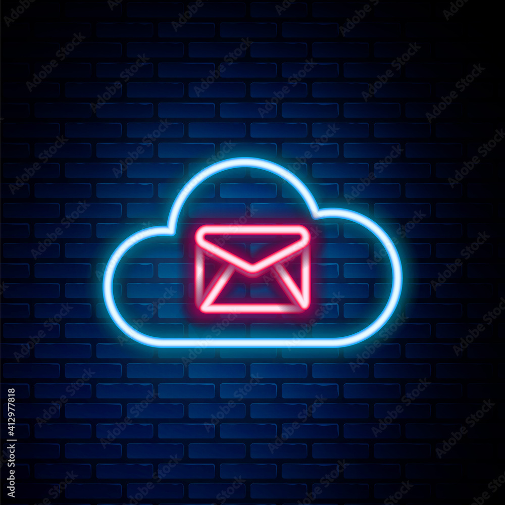 Poster glowing neon line cloud mail server icon isolated on brick wall background. cloud server hosting for