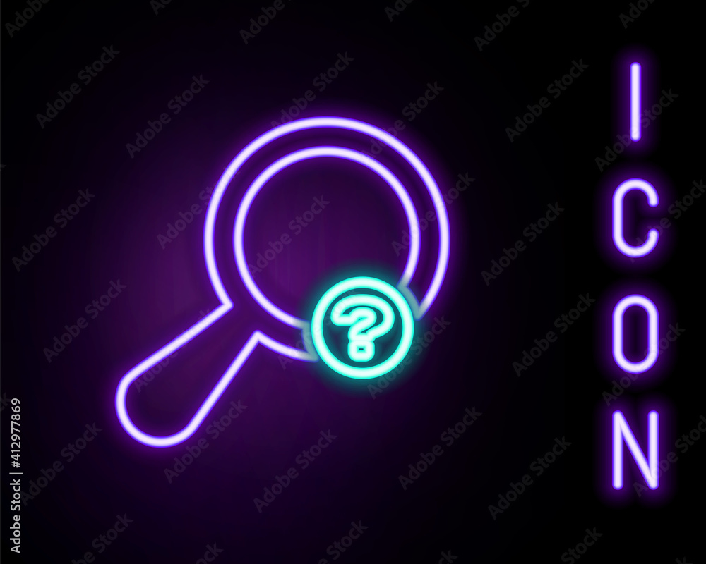 Poster glowing neon line unknown search icon isolated on black background. magnifying glass and question ma