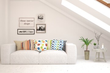 White living room with sofa. Scandinavian interior design. 3D illustration