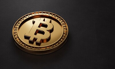 Closeup golden metallic Bitcoin cryptocurrency on black leather background. Business economy and digital investment concept. Close up coin on floor. 3D illustration rendering