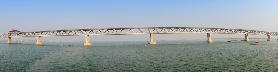 Panoramic view of the Padma Multipurpose Bridge over the Padma River.