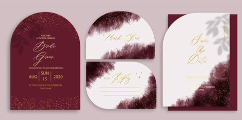 Modern wedding invitation, burgundy and golden wedding invitation template, arch shape with leaf shadow and handmade calligraphy.