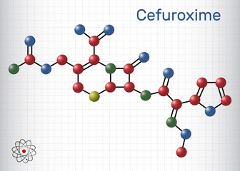 Cefuroxime molecule. It is second-generation cephalosporin antibiotic for the treatment of pneumonia, meningitis, otitis media, sepsis. Sheet of paper in a cage
