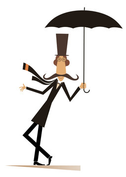 Mustache man in the top hat with umbrella isolated illustration. Mustache man in the top hat with umbrella staying on the rain black on white illustration 