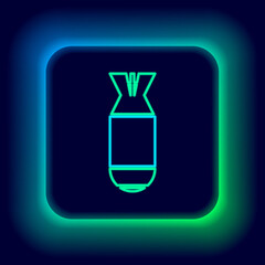 Glowing neon line Aviation bomb icon isolated on black background. Rocket bomb flies down. Colorful outline concept. Vector.