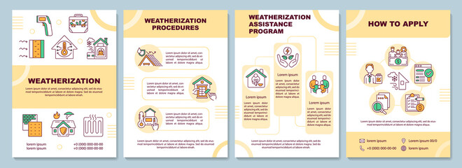 Naklejka premium Weatherization brochure template. How to apply. Procedures. Flyer, booklet, leaflet print, cover design with linear icons. Vector layouts for magazines, annual reports, advertising posters