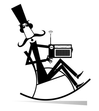 recommend clip art: Long mustache man in the top hat, rocking chair and radio illustration. Long mustache man in the top hat sits in the rocking chair and listens a radio black on white 