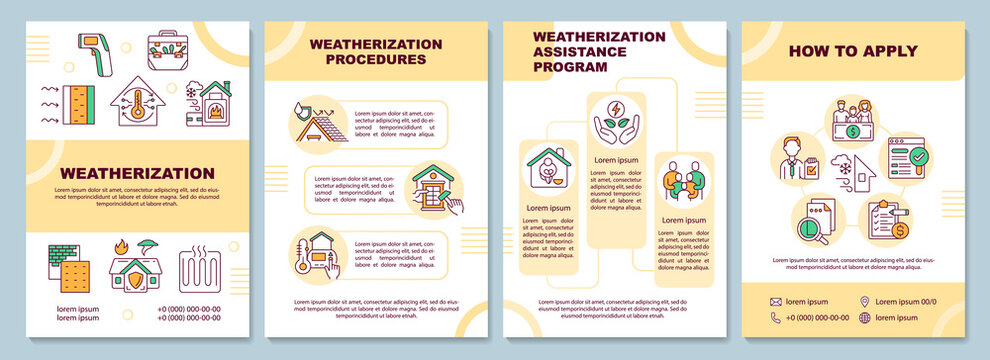 Weatherization brochure template. How to apply. Procedures. Flyer, booklet, leaflet print, cover design with linear icons. Vector layouts for magazines, annual reports, advertising posters