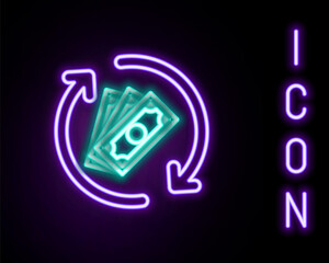 Glowing neon line Refund money icon isolated on black background. Financial services, cash back concept, money refund, return on investment, savings account. Colorful outline concept. Vector.