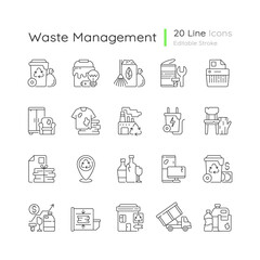 Waste management linear icons set. Residential waste collection. Paper shredding. Grass clippings. Customizable thin line contour symbols. Isolated vector outline illustrations. Editable stroke