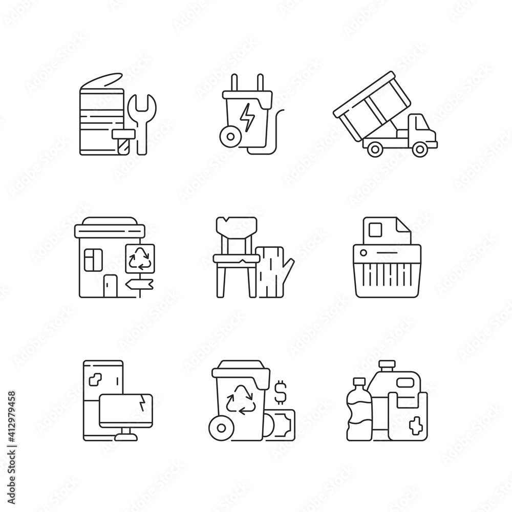 Poster Garbage collection linear icons set. Metal waste. Energy-from-waste. Open-top dumpster. E-waste. Customizable thin line contour symbols. Isolated vector outline illustrations. Editable stroke