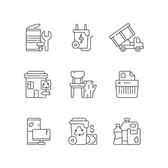Garbage collection linear icons set. Metal waste. Energy-from-waste. Open-top dumpster. E-waste. Customizable thin line contour symbols. Isolated vector outline illustrations. Editable stroke