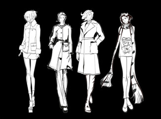 Beautiful young women in modern style.. Hand drawn stylish woman portrait. Fashion lady. Sketch set. Fashion model posing in coat. Hand drawn fashion woman.