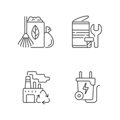 Environmental concern linear icons set. Yard waste collection. Scrap iron and aluminum components. Customizable thin line contour symbols. Isolated vector outline illustrations. Editable stroke