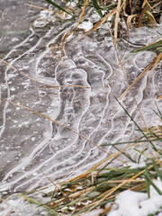Die Wellen des Teiches haben sich im Winter auch mit dem Frost im Eis festgefroren