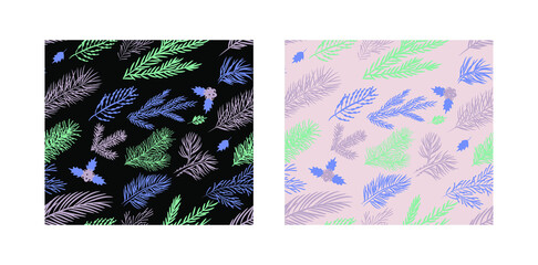 Vector colored seamless pattern with doodle thorny spruce and pine branches. Stickers for decorating New Year and Christmas holiday cards, booklets, leaflets, stories.