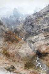 Digital watercolor painting of Majestic moody landscape image of Three Sisters in Glencoe in Scottish Highlands on a wet Winter day wit high water running down mountains