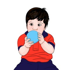 Cartoon of a little boy in a red shirt and blue pants playing with a light blue ball with a funny expression on a white background.