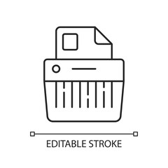 Paper shredding linear icon. Cutting paper into either strips, fine particles. Mechanical device. Thin line customizable illustration. Contour symbol. Vector isolated outline drawing. Editable stroke