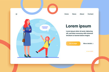 Mom with folded hands listening kid. Child, speech bubble, conversation flat vector illustration. Communication and parenthood concept for banner, website design or landing web page