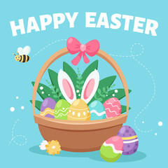 Happy Easter greeting card. Basket with Easter eggs, flowers and a rabbit.