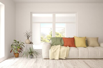 White living room with sofa. Scandinavian interior design. 3D illustration