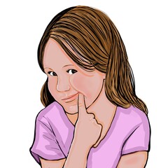 Cartoon of a cute little girl with light brown hair wearing a pink shirt depicted with a funny forced smile on a white background.