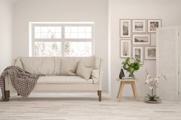 Fototapeta premium White living room with sofa. Scandinavian interior design. 3D illustration