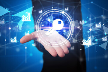 Fototapeta premium Solution concept in the hands of businessmen with key icon, creative business strategy plan