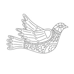 Coloring bird with patterns. Black and white. In folk style.