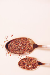 Dry tea leaves in a spoon on beige background. Prepare tea from dry tea. Enjoy tea. Copy text space
