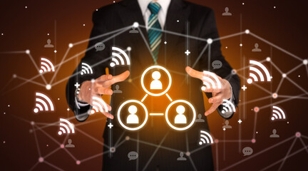 Hand holdig people connection icon around his hands, Social networking concept