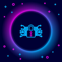 Glowing neon line Cyber security icon isolated on black background. Closed padlock on digital circuit board. Safety concept. Digital data protection. Colorful outline concept. Vector.