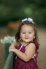 Beautiful two year old girl with a purple dress outside climbing on a green wooden fence