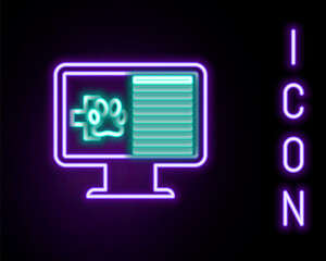 Glowing neon line Medical clinical record pet on monitor icon isolated on black background. Health insurance form. Prescription, medical check marks report. Colorful outline concept. Vector.